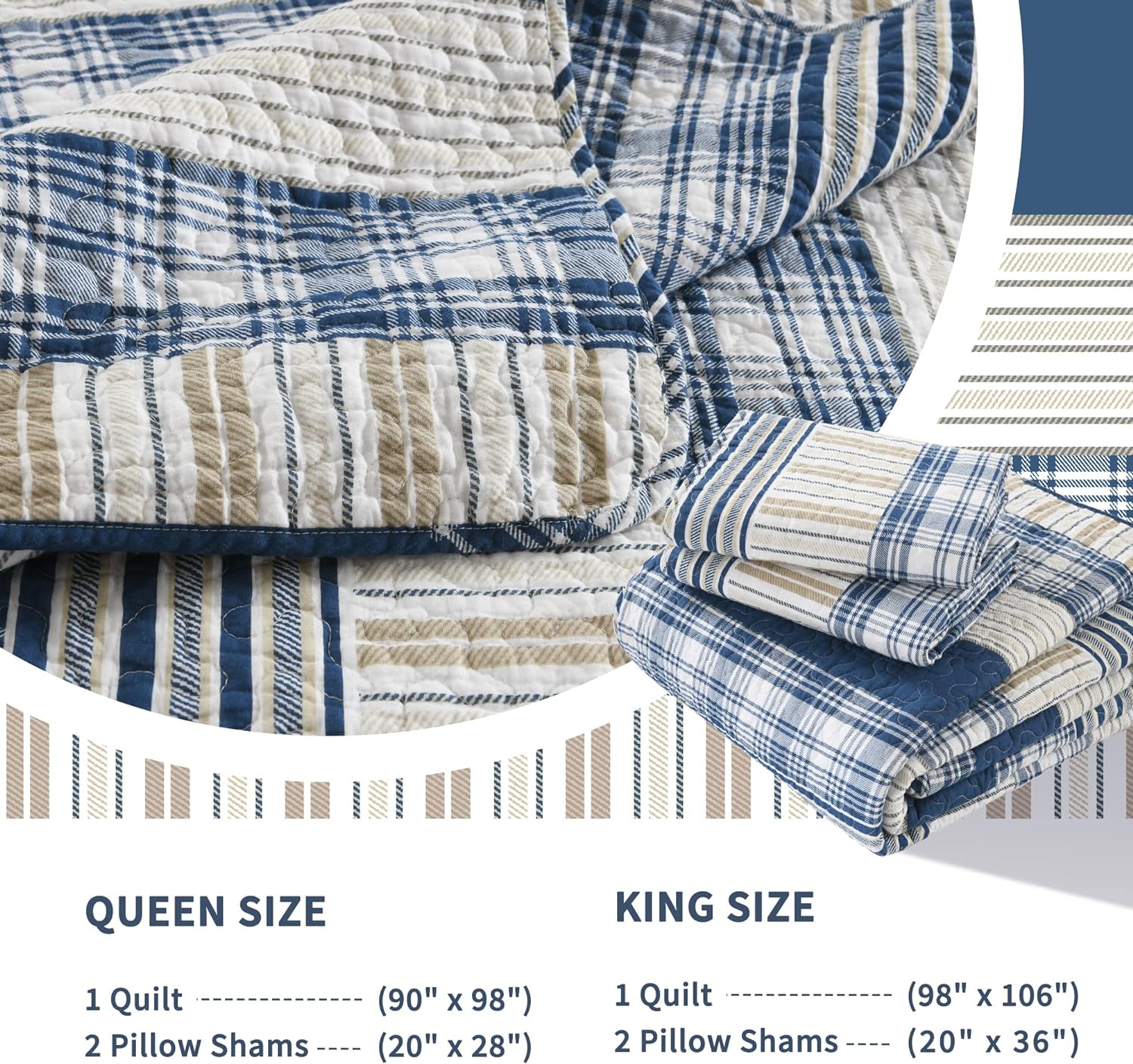 Quilt King Size,Blue White Striped King Quilt Set, Farmhouse King Quilt Bedding Set, Lightweight Bedding King,Bedspread All Season 3 Pieces 100% Cotton