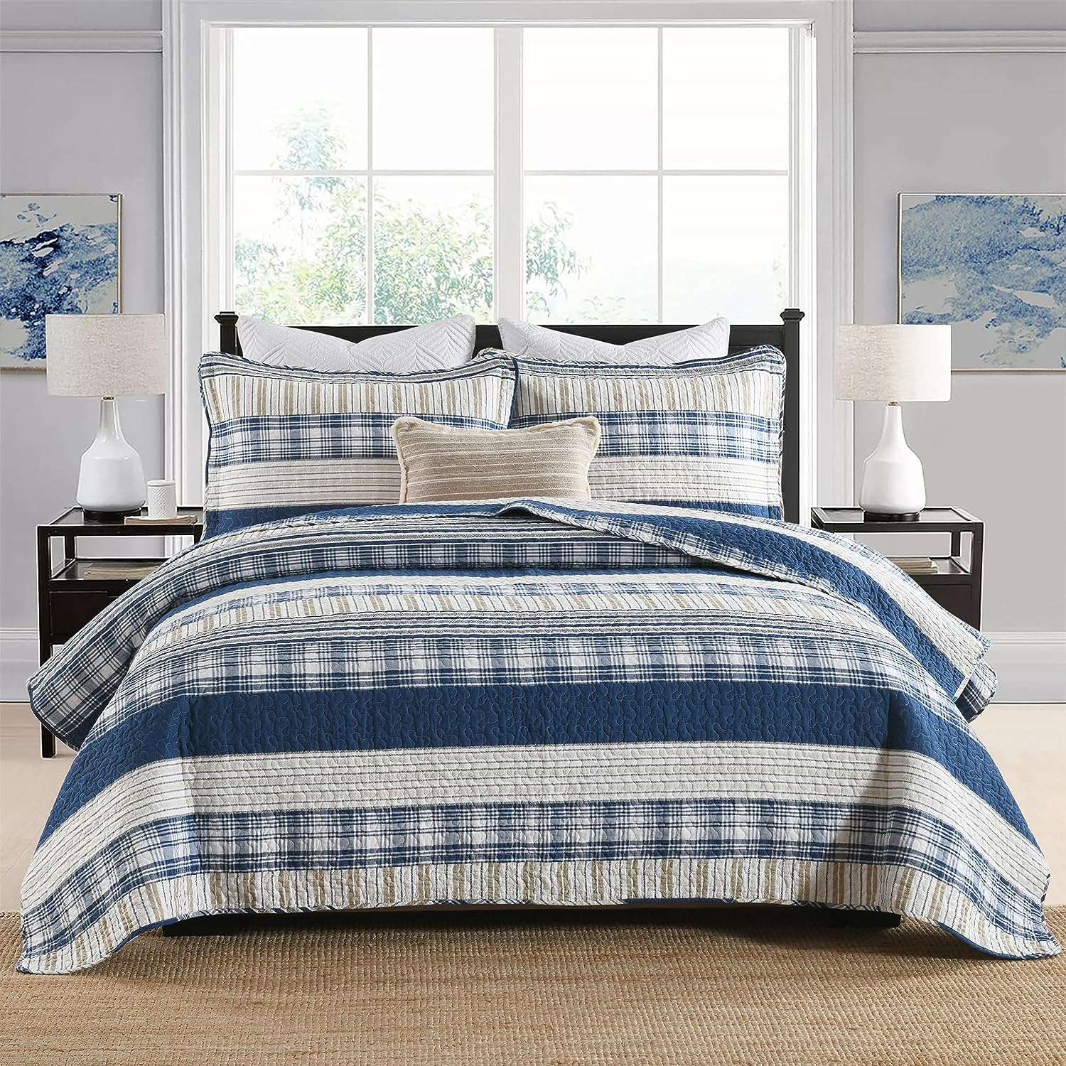 Quilt King Size,Blue White Striped King Quilt Set, Farmhouse King Quilt Bedding Set, Lightweight Bedding King,Bedspread All Season 3 Pieces 100% Cotton