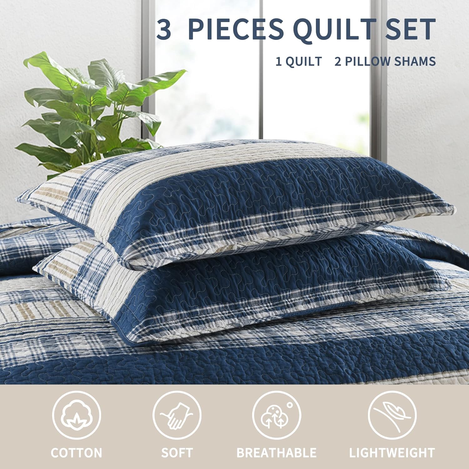 Quilt King Size,Blue White Striped King Quilt Set, Farmhouse King Quilt Bedding Set, Lightweight Bedding King,Bedspread All Season 3 Pieces 100% Cotton