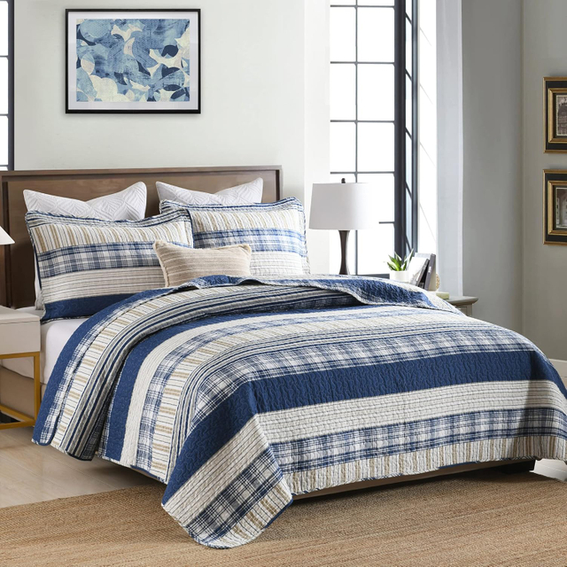 Quilt King Size,Blue White Striped King Quilt Set, Farmhouse King Quilt Bedding Set, Lightweight Bedding King,Bedspread All Season 3 Pieces 100% Cotton