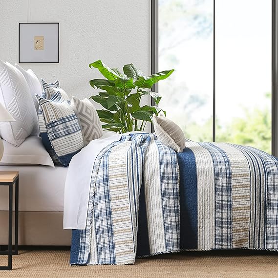 Quilt King Size,Blue White Striped King Quilt Set, Farmhouse King Quilt Bedding Set, Lightweight Bedding King,Bedspread All Season 3 Pieces 100% Cotton